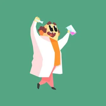 Funny Scientist In Lab Coat Walking With Two Test Tubes Illustrazione stock