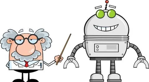 Funny Scientist Or Professor Shows His Pointer A Big Robot Ilustración de archivo