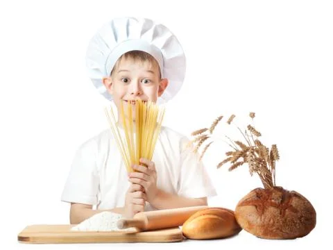 Funny scullion with spaghetti hands Stock Photos