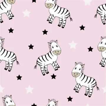 Funny seamless childish pattern with cute zebras Stock Illustration