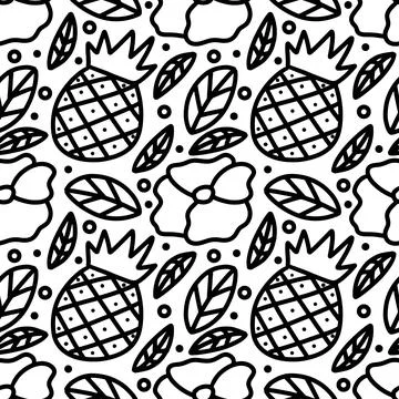 Funny seamless doodle of pineapple and flowers Stock Illustration