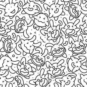 Funny seamless doodle vector pattern with kawaii-style monsters and emotion.. Stock Illustration