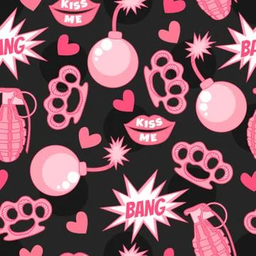 Funny seamless pattern with brass knuckles, heart and pomegranate. Stockillustratie