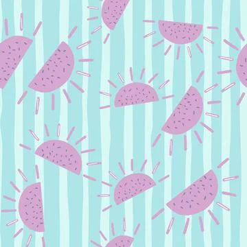 Funny seamless pattern with childish purple random sun ornament. Blue striped Stock Illustration