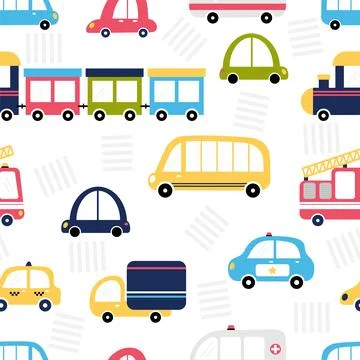 Funny seamless pattern with city transport. Cute cartoon background for kid.. Stock Illustration