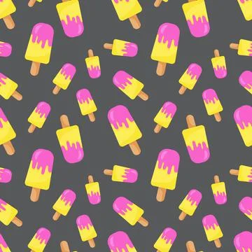 Funny seamless pattern with colorful ice creams on stick. Yellow, pink and grey  Stock Illustration