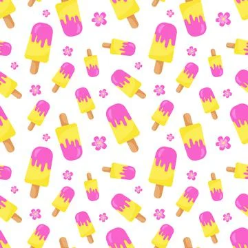 Funny seamless pattern with colorful ice creams on stick. Yellow, pink and white Stock Illustration