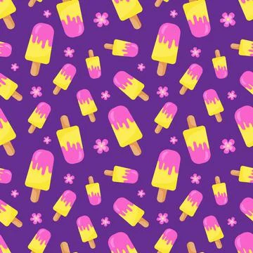 Funny seamless pattern with colorful ice creams on stick. Yellow, pink and Stock Illustration