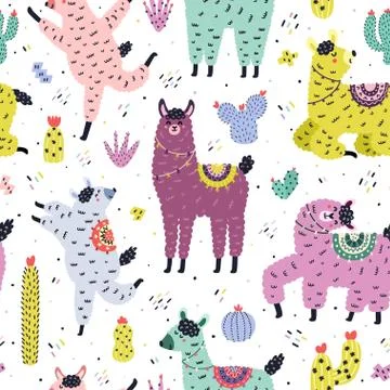 Funny seamless pattern with cute llamas and cactuses. Creative background Stock Illustration