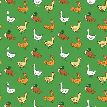 Funny seamless pattern with geese, ducks, cocks, chickens on green background Stock Illustration
