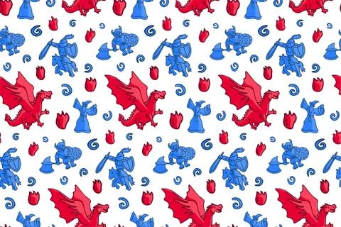 Funny seamless pattern with heroes and dragon Stock Illustration