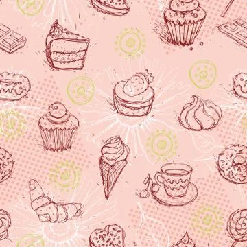 Funny seamless pattern with  ice cream coffee cake croissant. Vector Stock Illustration