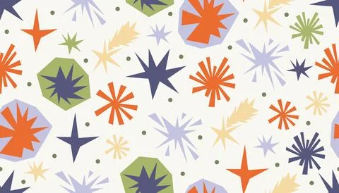Funny seamless pattern with quirky irregular stars, dots and simple geometr.. Illustrazione stock