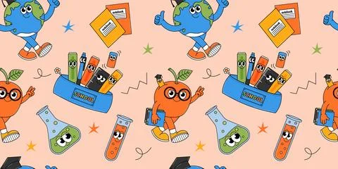 Funny seamless pattern with retro groovy characters. Back to school and edu.. Stock Illustration