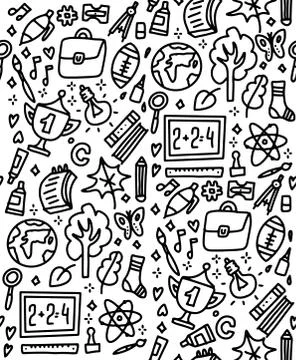 Funny seamless pattern with school supplies and creative elements. Back to sc Stock Illustration