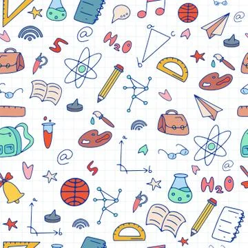Funny seamless pattern with school supplies and creative elements on the back Stockillustratie