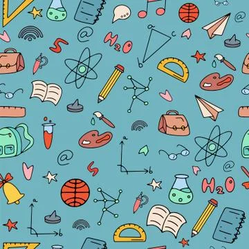 Funny seamless pattern with school supplies and creative elements. Back to sc Illustrazione stock