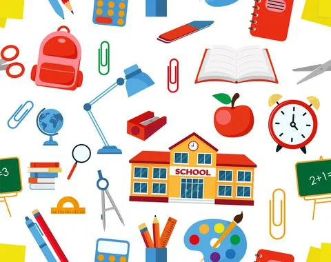 Funny seamless pattern with school supplies and creative elements. Back to sc Stock Illustration