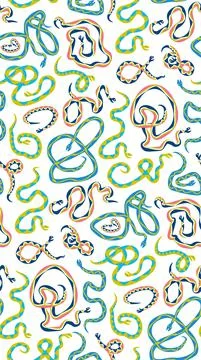 Funny seamless pattern with wavy snakes in cartoon flat style. Illustrazione stock