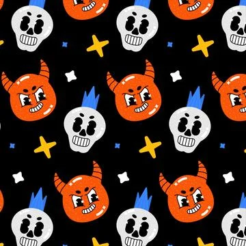 Funny seamless vector colorful pattern with skull and devil on black backgrou イラスト素材