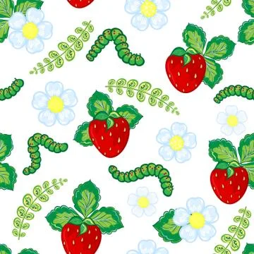Funny seamless vector  pattern with strawberry, caterpillar and flowers and Illustrazione stock