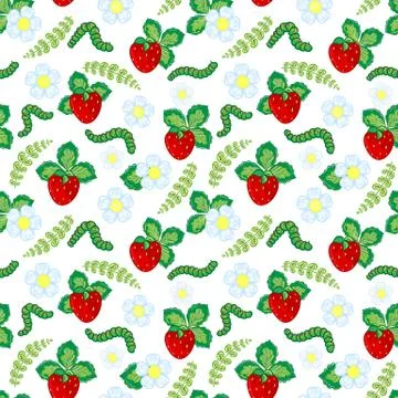 Funny seamless vector  pattern with strawberry, caterpillar and flowers and Stock Illustration