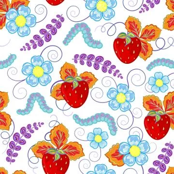 Funny seamless vector  pattern with strawberry, caterpillar and flowers and Stock Illustration