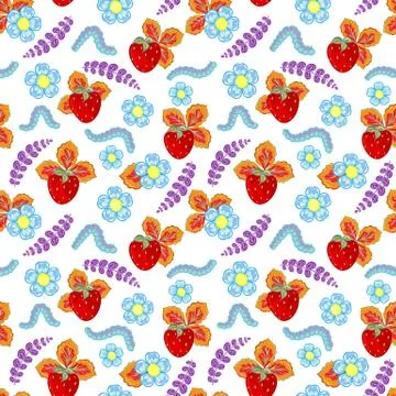 Funny seamless vector  pattern with strawberry, caterpillar and flowers and Illustrazione stock