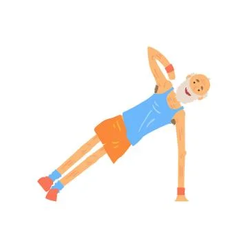 Funny senior character doing side plank. Elderly bearded man in sportswear Stock Illustration