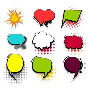 Funny set colored comic speech bubble heart burst Stock Illustration