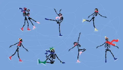 A funny set of cute skeleton characters is skating on ice Illustrazione stock