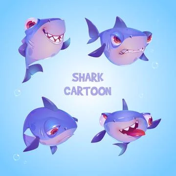 Cartoon Style Cute Sharks Family Set Vector Illustration Stock