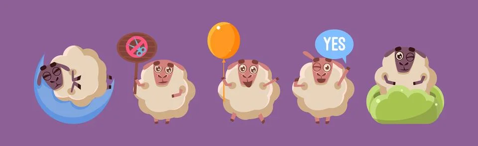 Funny Sheep Character in Different Action on Purple Background Vector Set Stock Illustration