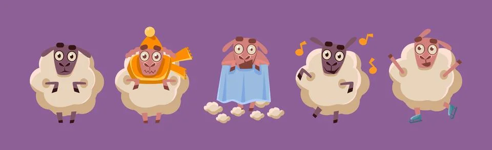 Funny Sheep Character in Different Action on Purple Background Vector Set Stock Illustration
