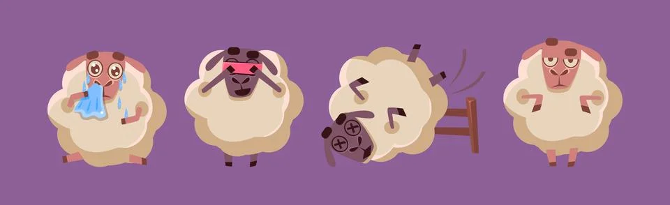 Funny Sheep Character in Different Action on Purple Background Vector Set Stock Illustration