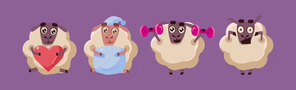 Funny Sheep Character in Different Action on Purple Background Vector Set Stock Illustration