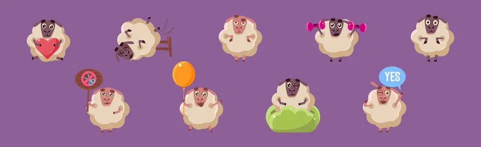Funny Sheep Character in Different Action on Purple Background Vector Set Stock Illustration