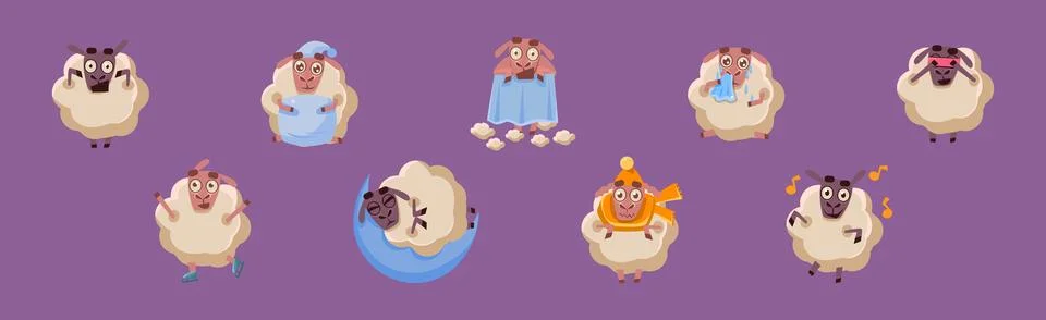 Funny Sheep Character in Different Action on Purple Background Vector Set Stock Illustration