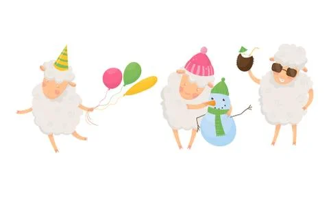 Funny Sheep with White Wool Drinking Cocktail and Building Snowman Vector Set Ilustración de archivo