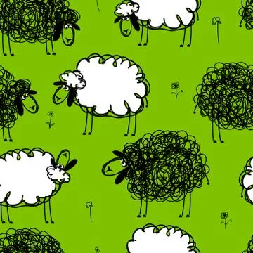 Funny sheeps on meadow, seamless pattern for your design Stock Illustration