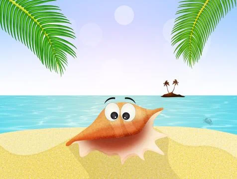 Funny shell cartoon on the beach Stock Illustration