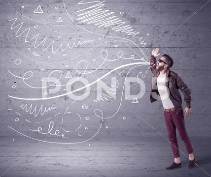 Funny shouting hipster with drawn lines Stock Photos