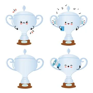 Funny Silver trophy cup characters bundle set. Vector hand drawn doodle sty.. Stock Illustration