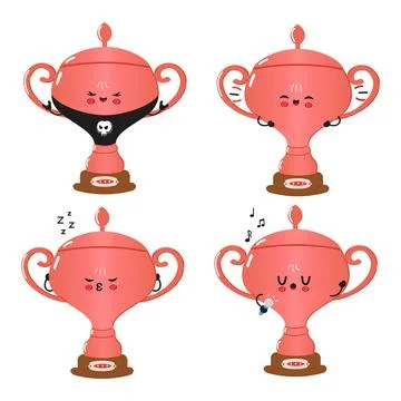 Funny Silver trophy cup characters bundle set. Vector hand drawn doodle sty.. Stock Illustration