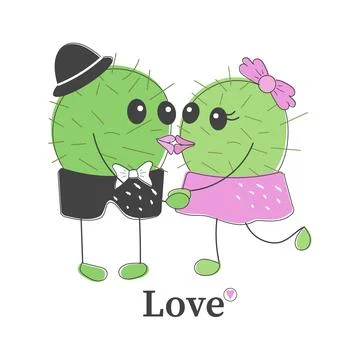 Funny simple naive cute cactus kissing pair Stock Illustration