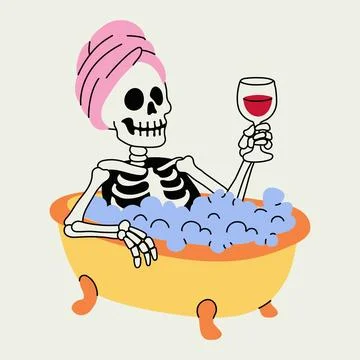 Funny Skeleton in Bubble Bath Holding Wine Glass Stock Illustration