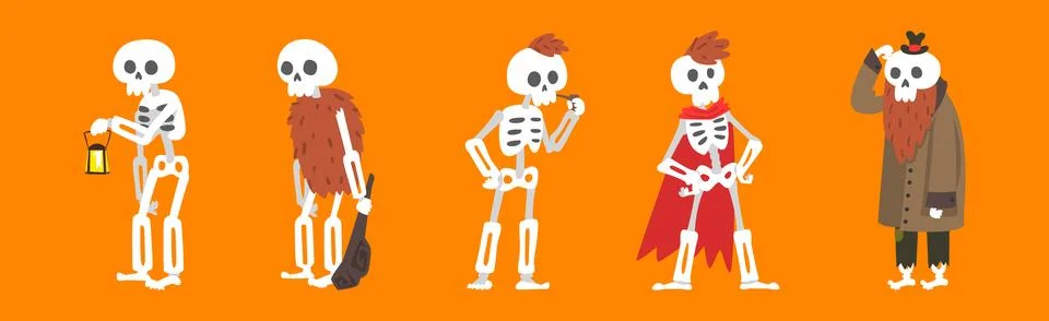 Funny Skeleton Character with Bone and Skull Vector Set Stock Illustration