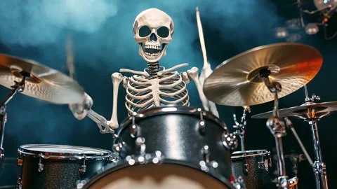 Funny skeleton drummer play drums at stage Stock Footage 301232859