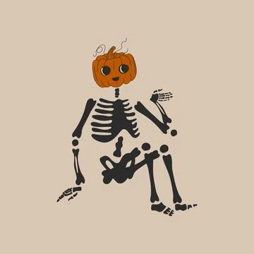 Funny Skeleton with a pumpkin head. Stock Illustration
