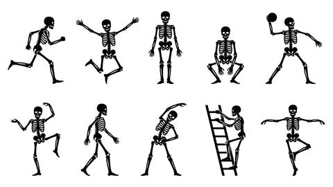 Funny skeleton silhouettes in active poses for halloween decorative designs Stock Illustration